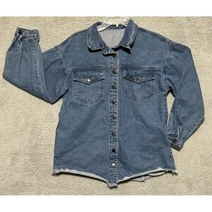 Denim Button Up Shirt Long Sleeve Pockets Rough‎ Hem Chore Shirt Womens